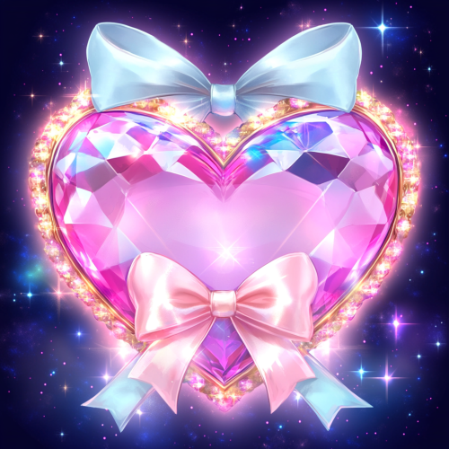 Glossy gemstone in heart shape with pink and white colors, butterfly bow ribbon. Sparkling star background, luxurious frame.