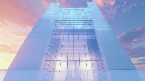 Glossy white building with high lobby at dawn