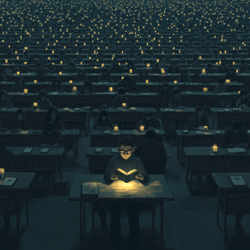 Glowing book shines in dark library, confident student reads. Glowing book shines in dark library, confident student reads.