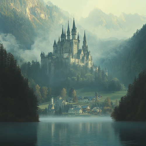 Glowing castle on hill, misty forest, serene lake.
