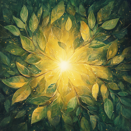Glowing green leaves shine in golden prosperity