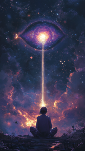 Glowing humanoid under divine all-seeing eye enlightenment.