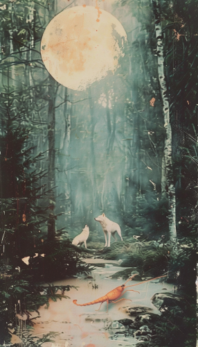 Glowing moon in forest with wolves howling, red crayfish.