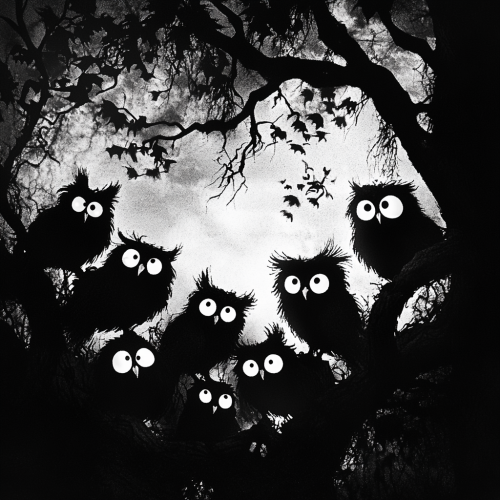 Glowing owl silhouettes in black and white forest