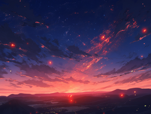 Glowing red and blue stars light up sky