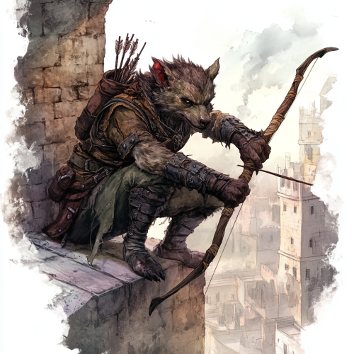Gnoll Ranger on rooftop in eerie city. Ethereal mood.