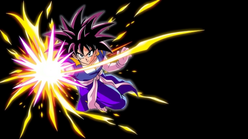 Goku in Super Saiyan Form Flying Against Black Background