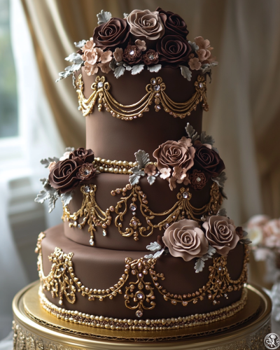 Golden Arabic-inspired tiered cake with roses and gems