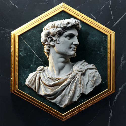 Golden Badge with Greek Statue and Teal Accents