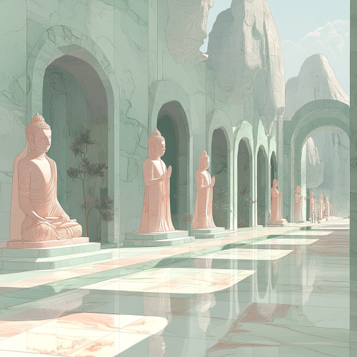 Golden Buddha statues in futuristic Hindu temple