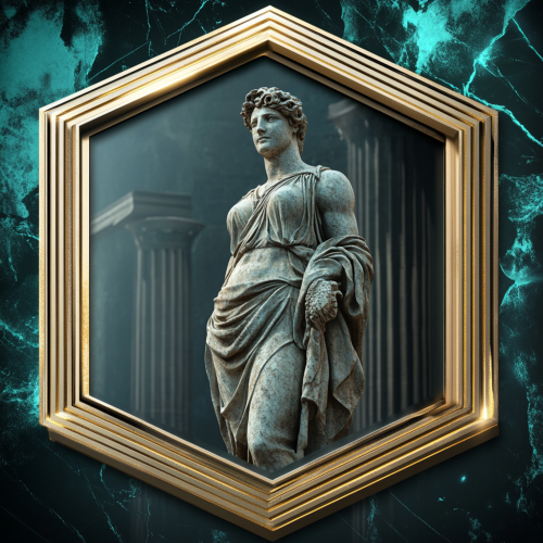 Golden Hexagonal Badge with Greek Statues