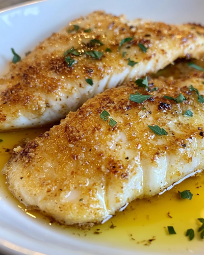 Golden Parmesan Crusted Tilapia in white bowl, aromatic herbs
