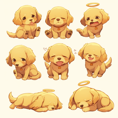 Golden Retriever Chibi Shows Various Actions and Emotions