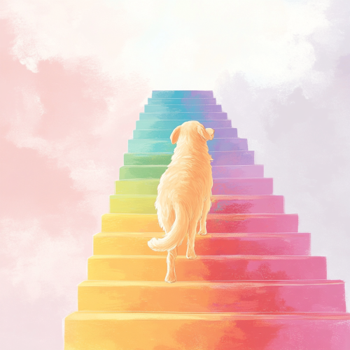Golden Retriever climbing rainbow stairs in children's book style.