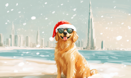 Golden Retriever wearing Santa hat and sunglasses on beach.