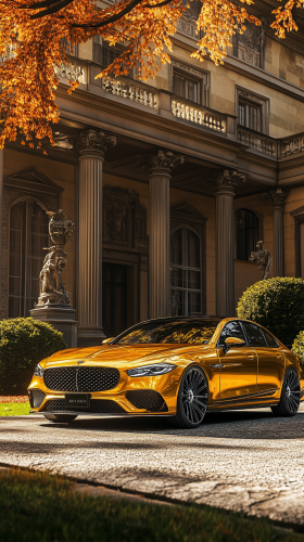 Golden Sedan Parked in Front of European Mansion
