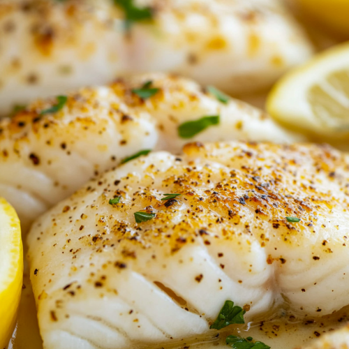 Golden brown fish fillets with pepper and herbs