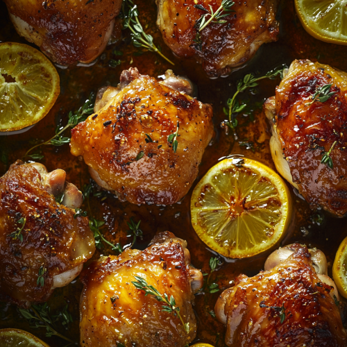 Golden-brown roasted chicken thighs with fresh herbs