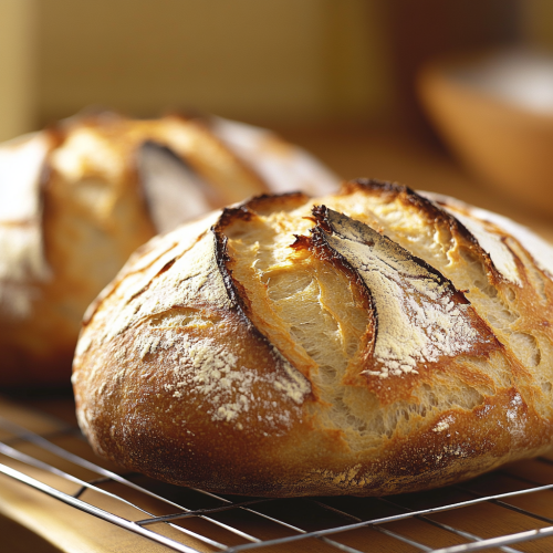 Golden-brown rustic bread loaves on wooden table