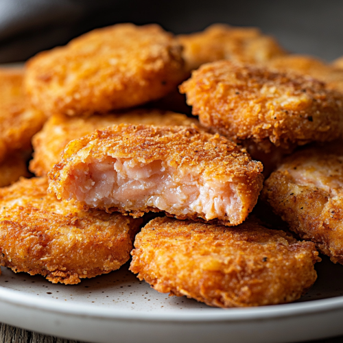 Golden-brown salmon patties on white plate