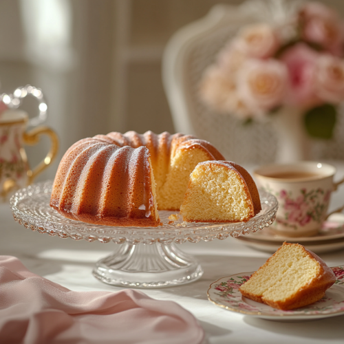 Golden bundt cake slice on floral plate, coffee ambiance