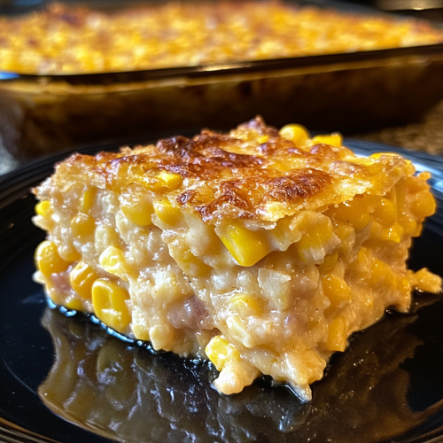 Golden corn casserole with melted cheese slice