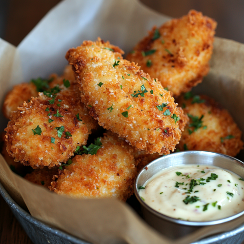 Golden crispy chicken tenders in rustic metal basket