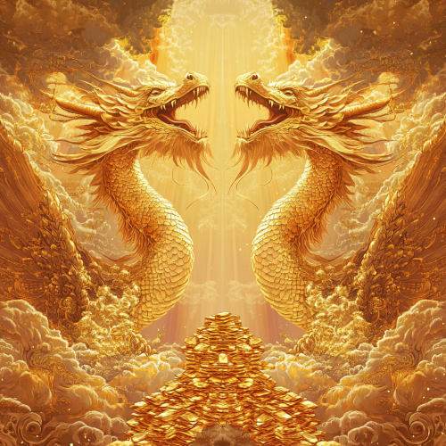 Golden dragons roaring in mirrored symmetry with treasure