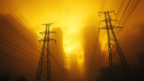 Golden fog surrounds city with power lines
