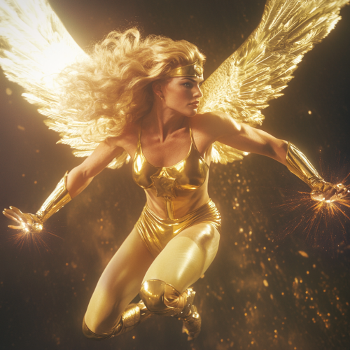 Golden-haired superhero Cybil flies through 1970's skies.