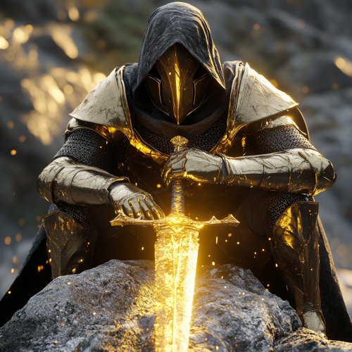 Golden knight pulls sword from rock. Ultra-realistic 4k