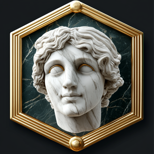 Golden outlined badge with Greek statues eye