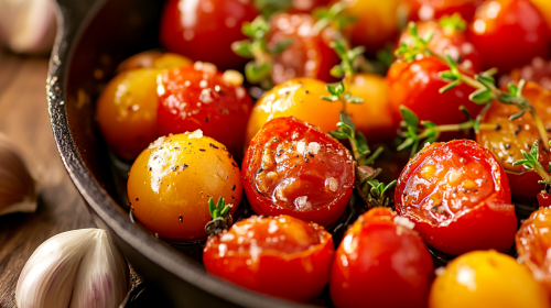 Golden sautéed cherry tomatoes in rustic skillet