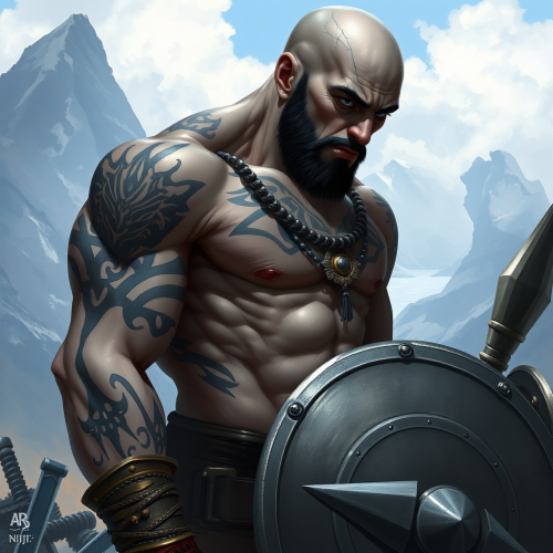 Goliath Fantasy Character with Tattoos, Shield, Flail