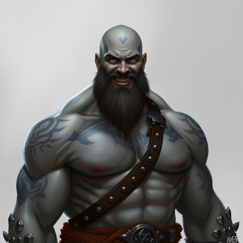 Goliath the muscular barbarian with bright blue eyes.