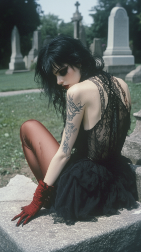 Goth girl with tattoos crawls in cemetery