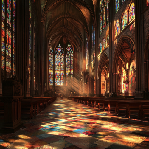 Gothic Cathedral Interior with Stained Glass Windows and Pews
