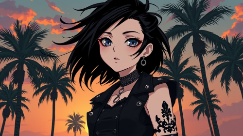 Gothic Girl in Sunset with Palm Trees