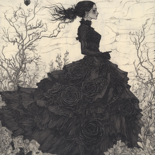 Gothic illustration of graceful, melancholic figure in ruffles