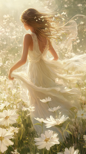 Graceful Woman in Field of Flowers Harmonizing with Nature
