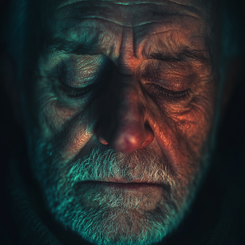 Grandfather's creepy face, closed eyes, Hollywood horror detail.