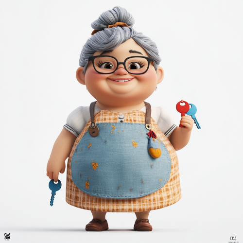 Grandmother with red and blue keys in apron.
