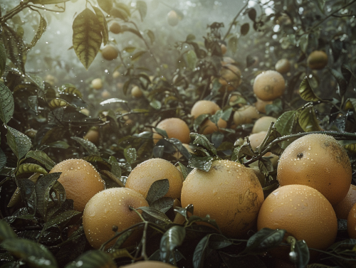 Grapefruits in Pine Forest on Cold Winter Morning