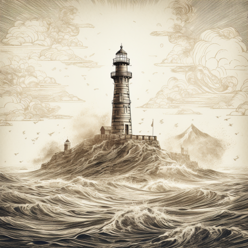 Graphic of classic lighthouse with intricate details, dramatic effects.