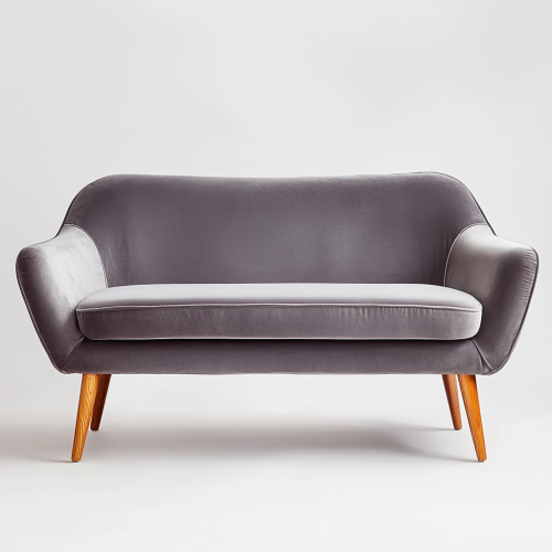 Gray velvet sofa with wooden legs, white background photograph.
