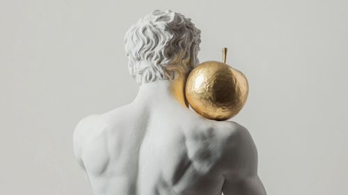 Greek Man hides golden apple in white statue