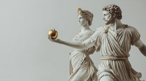 Greek man and woman run with golden apple