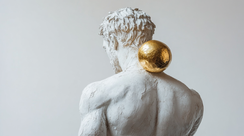 Greek man hides golden apple in white background statue