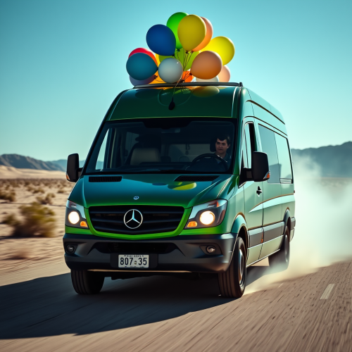 Green Mercedes Sprinter with Balloons in Desert