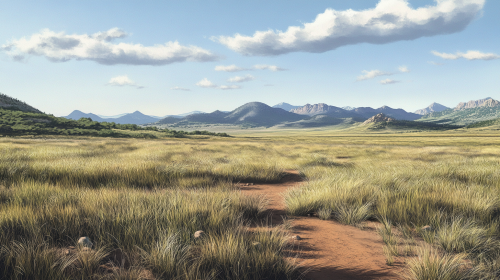 Green grass, brown dirt, muted western wilderness scenery.